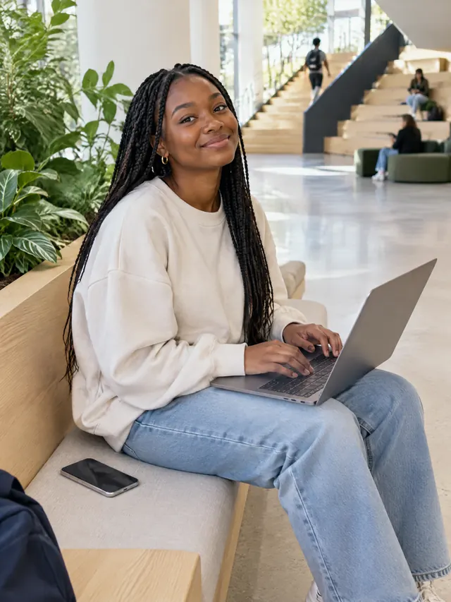 A student studying at a laptop.