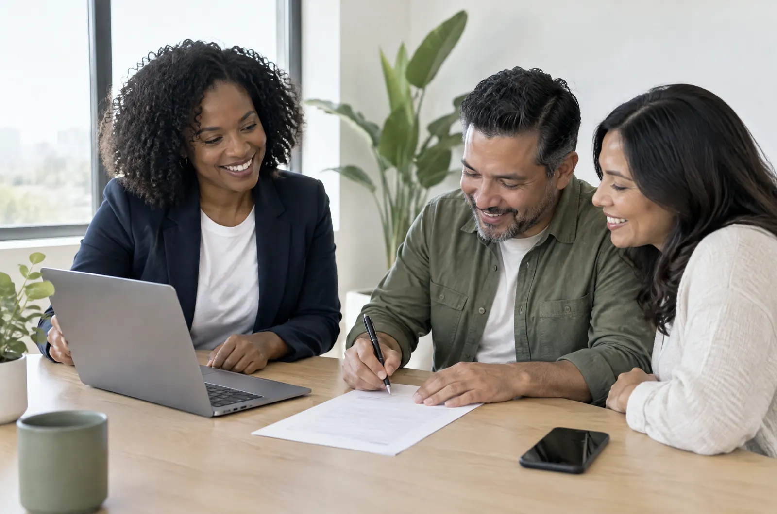 A client signs a tax form at a home desk.