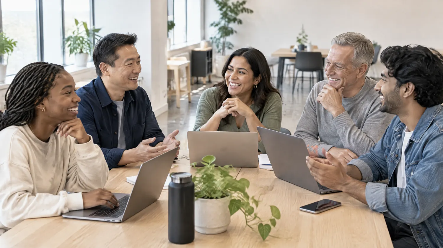 A small group of colleagues talking around a table.